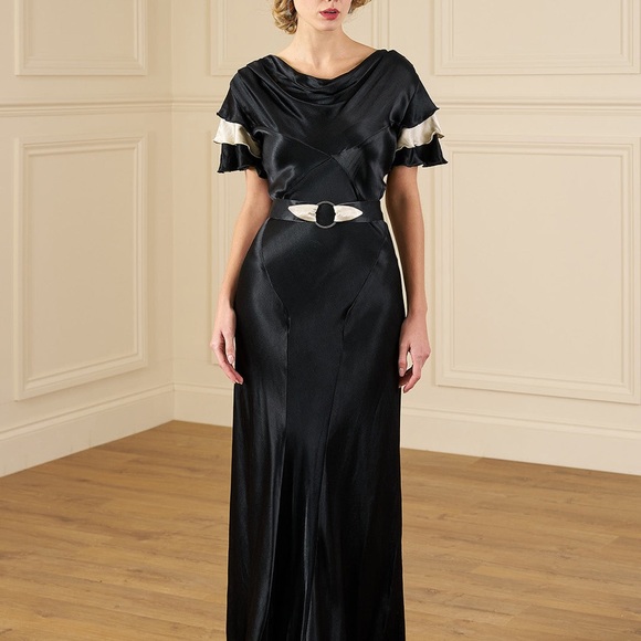 1930s Paramour Bias Cut Gown - Black & Ivory Satin - Picture 10 of 14